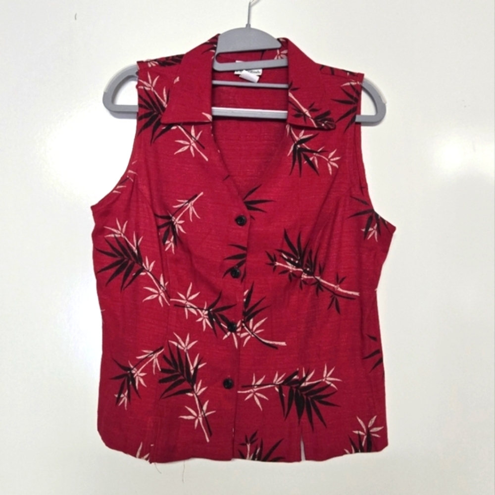 Modern Essentials Vintage Bamboo Print Rayon Blend Button Up Vest Sz Medium Red